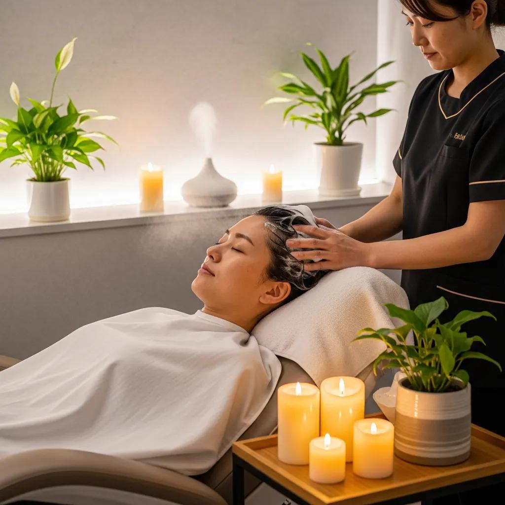 Japanese head spa treatment with a therapist massaging a client's scalp in a tranquil environment