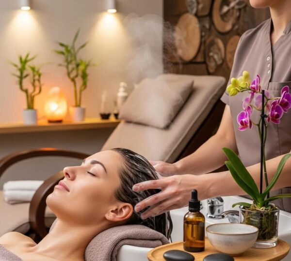 Japanese head spa treatment with a therapist massaging a client's scalp in a tranquil spa environment