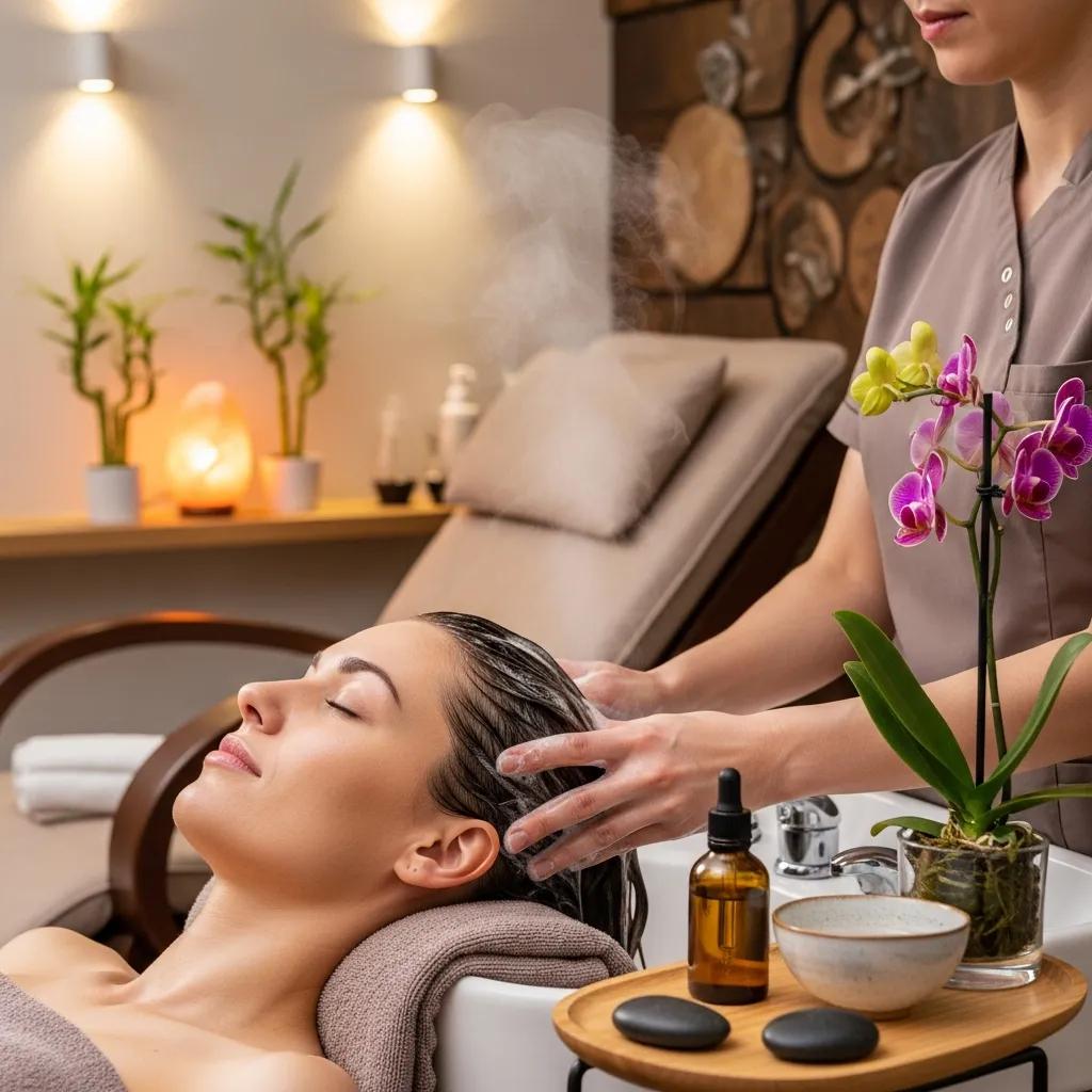 Japanese head spa treatment with a therapist massaging a client's scalp in a tranquil spa environment