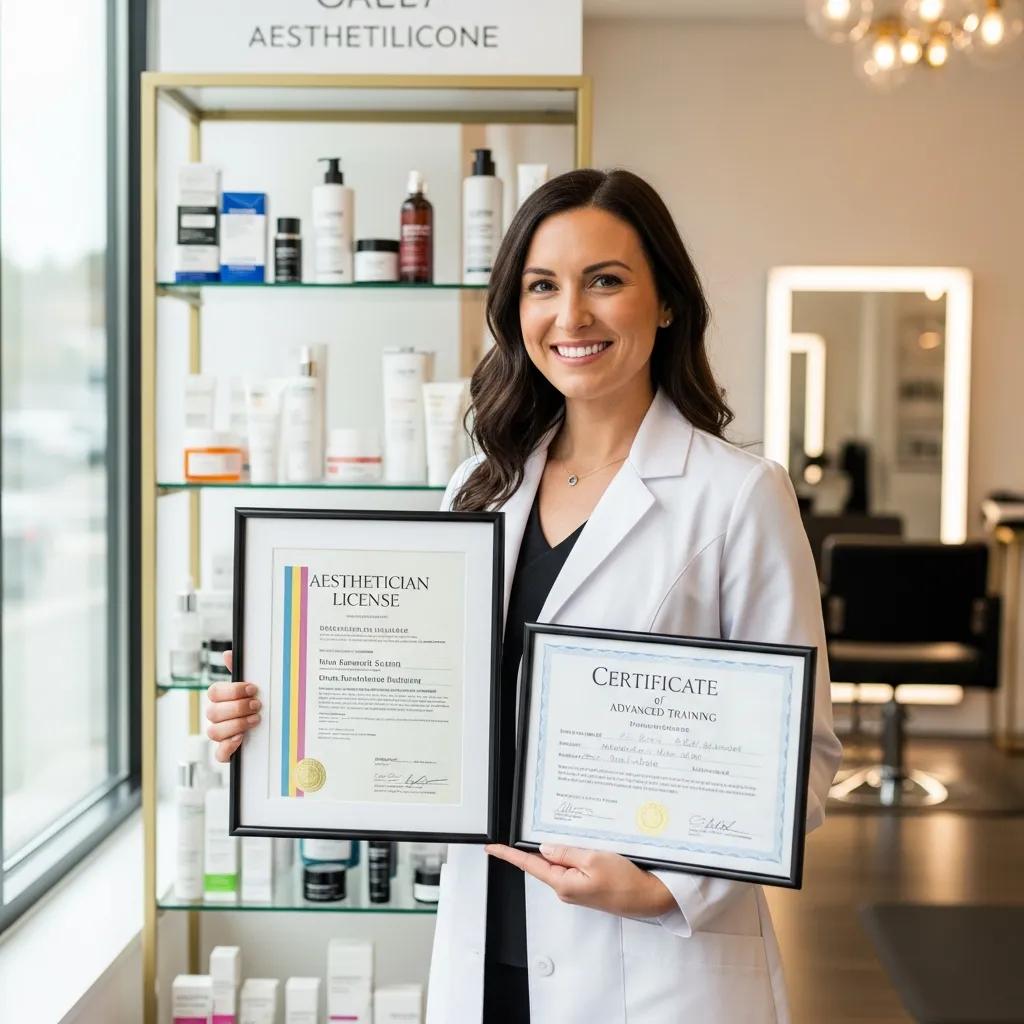 Licensed aesthetician showcasing certification and license documents in a beauty salon