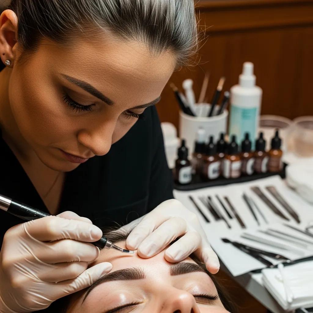 Microblading artist performing a touch-up on a client's brows