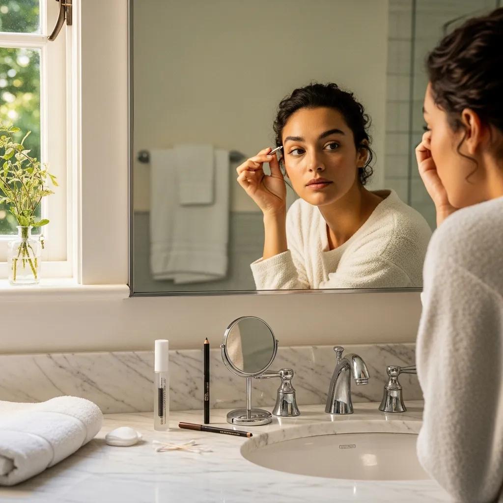 Person tweezing eyebrows in a bright bathroom setting