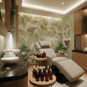Relaxing head spa environment with treatment chair and essential oils