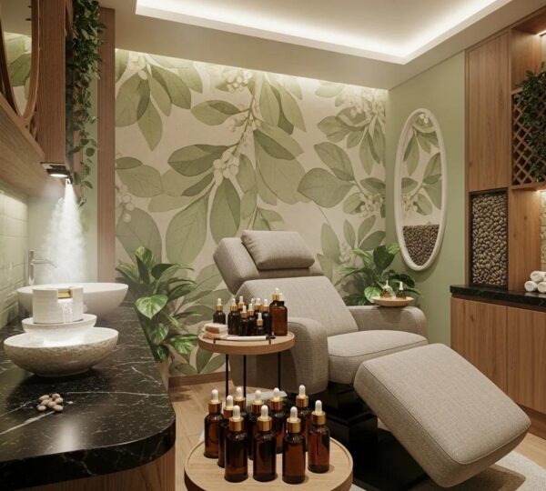 Relaxing head spa environment with treatment chair and essential oils