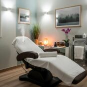 Relaxing head spa treatment environment with soothing decor and essential oils