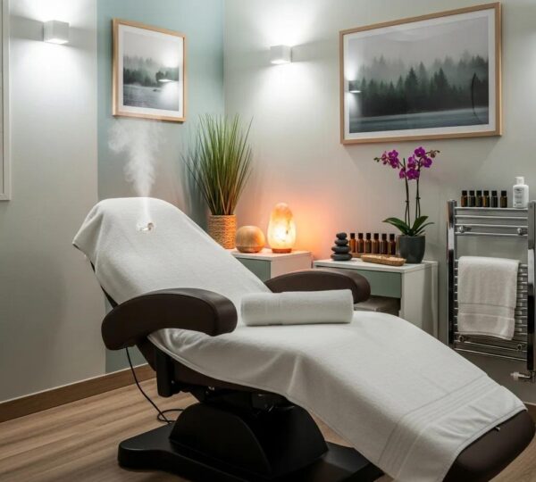 Relaxing head spa treatment environment with soothing decor and essential oils