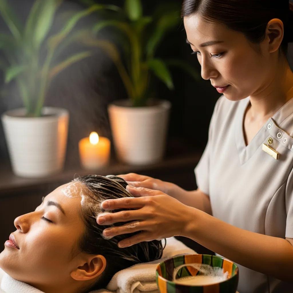 Scalp cleansing treatment at a Japanese head spa with a practitioner and client