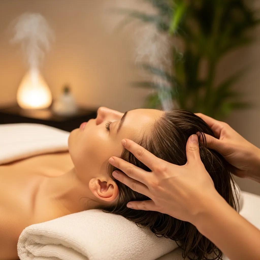 Therapist performing a soothing scalp massage to promote relaxation and stress relief