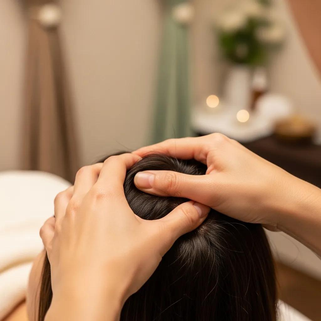 Therapist performing traditional Japanese scalp massage techniques in a peaceful spa setting