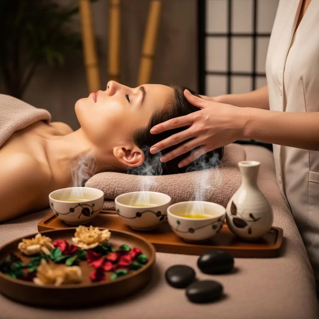 Therapist providing a relaxing scalp massage to a client in a Japanese head spa, surrounded by calming elements