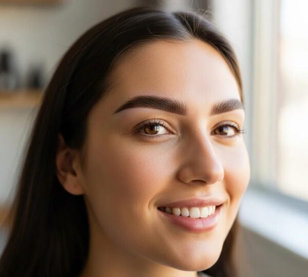 Woman with perfect microbladed brows in a bright setting