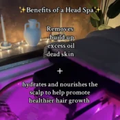Head spa treatment setup with soothing lights and benefits listed for hair health.