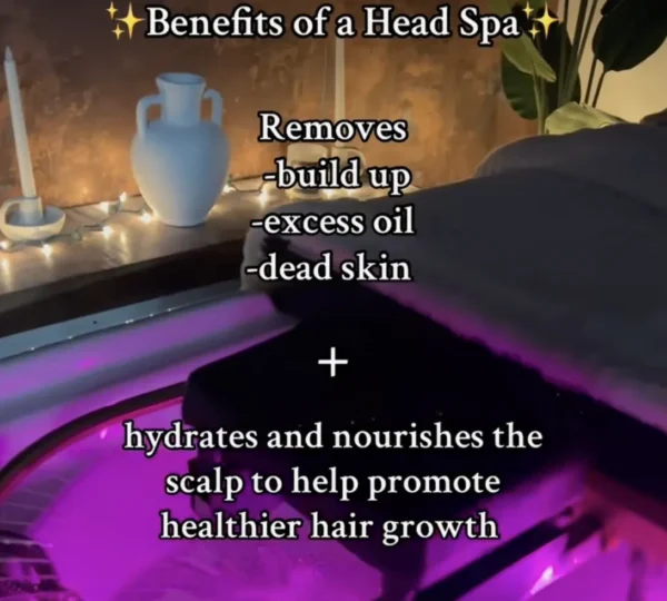 Head spa treatment setup with soothing lights and benefits listed for hair health.
