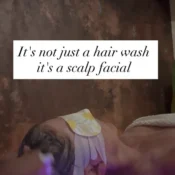 Person receiving a scalp treatment with eye pads, relaxing in a spa setting.