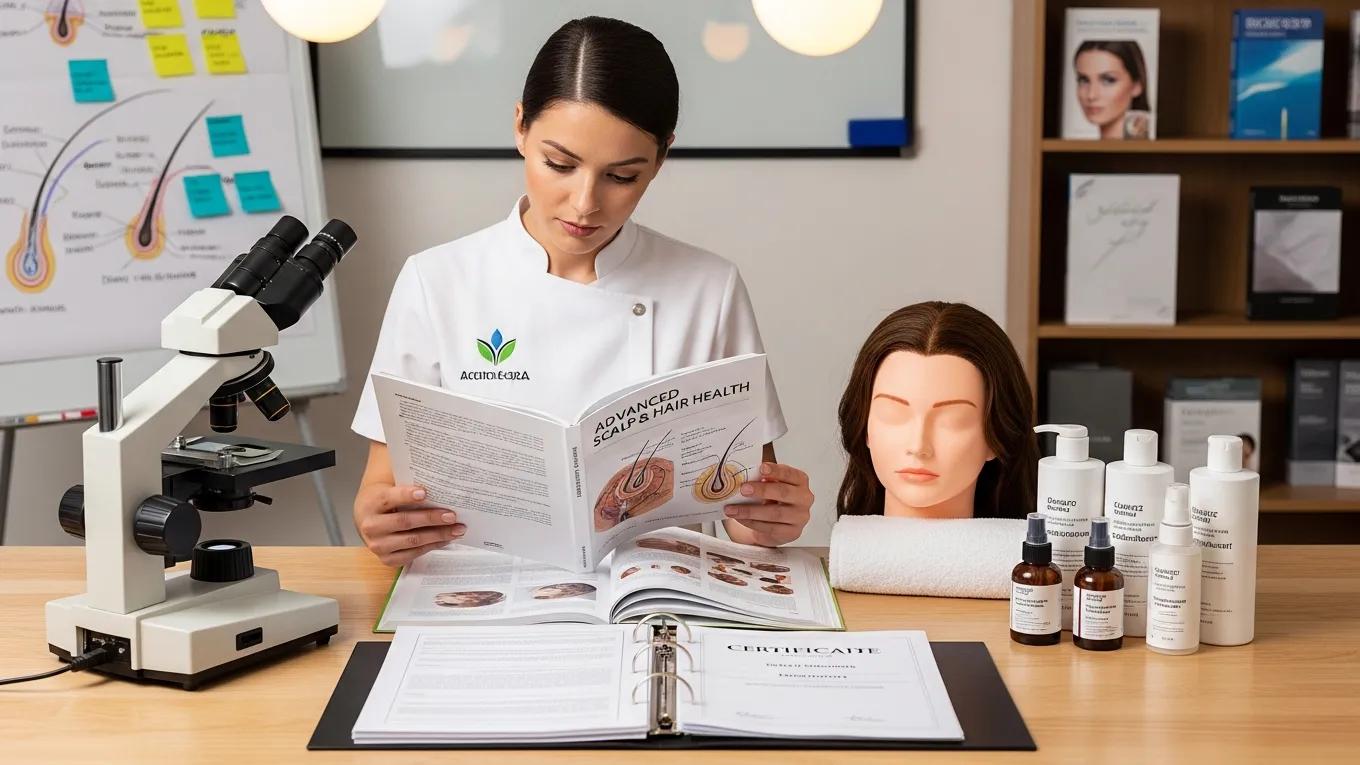 Head spa practitioner in training with educational materials
