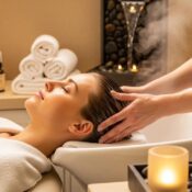 Relaxing head spa treatment environment with calming elements