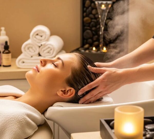 Relaxing head spa treatment environment with calming elements