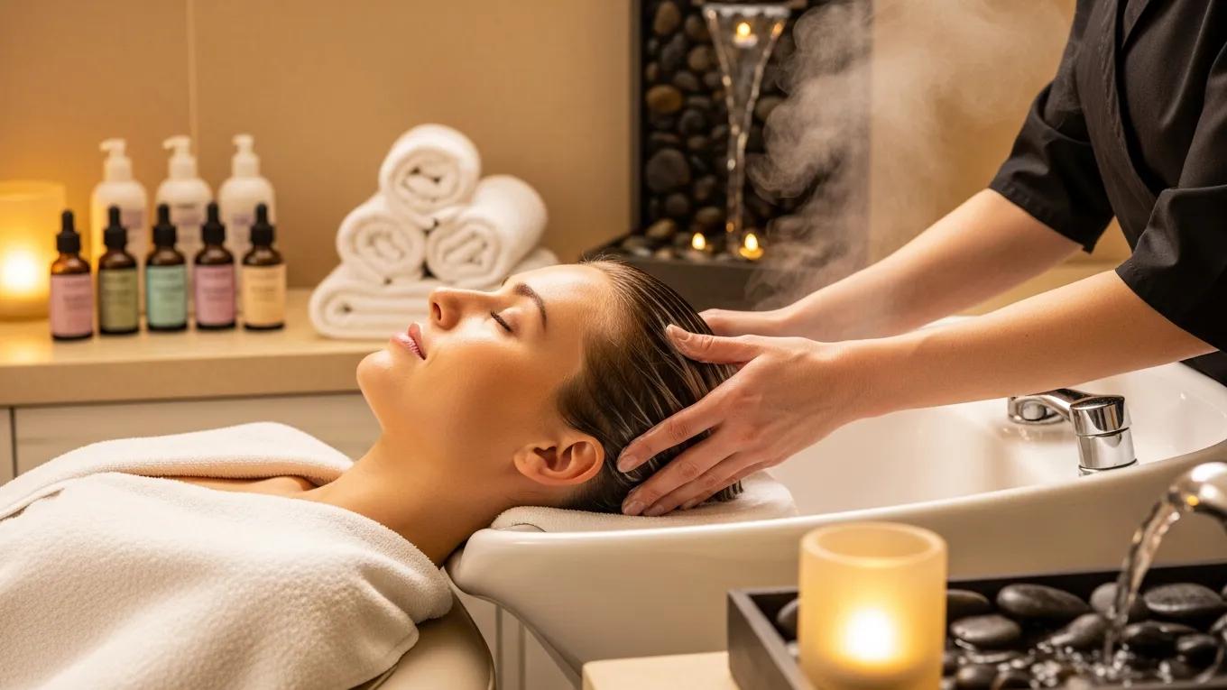 Relaxing head spa treatment environment with calming elements