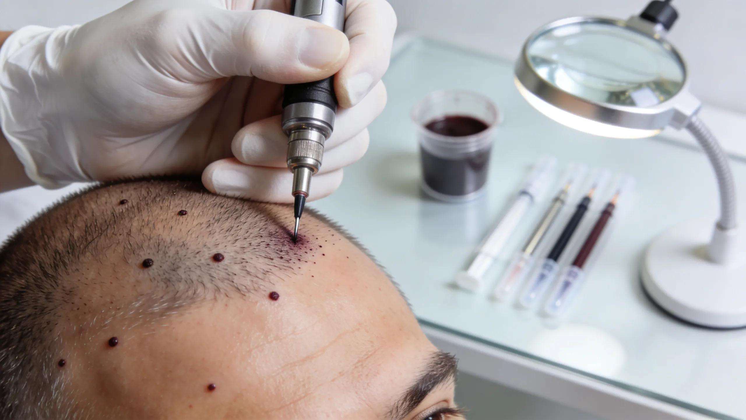 Scalp micropigmentation session showing technician applying pigment with precision