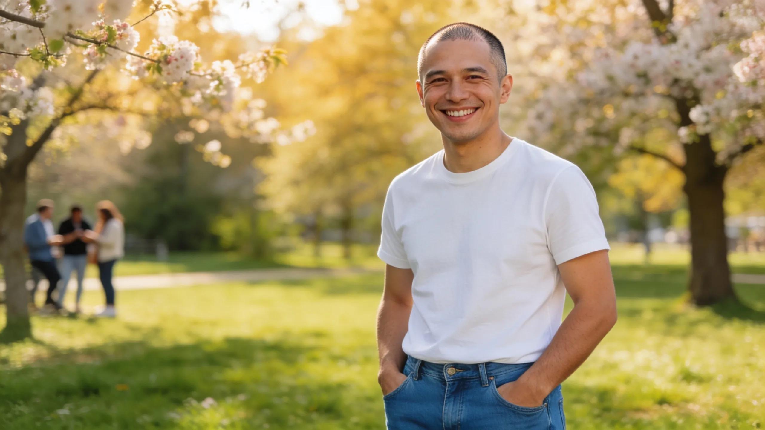 Happy client showing confidence after scalp micropigmentation treatment in a casual outdoor setting