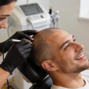Client undergoing scalp micropigmentation treatment in a professional salon setting