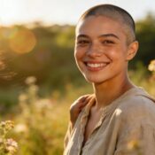 Individual with confident smile after scalp micropigmentation in a serene outdoor setting
